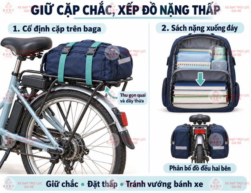 Giữ cặp chắc và xếp đồ nặng xuống thấp giúp tải ổn định hơn