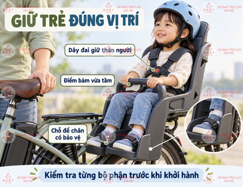 Dây đai, điểm bám và chỗ để chân giúp giữ trẻ đúng vị trí