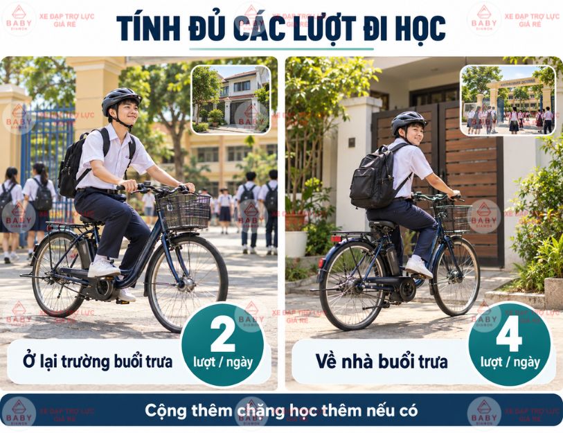 Đi học hai buổi bằng xe trợ lực: một lần sạc có đủ không?