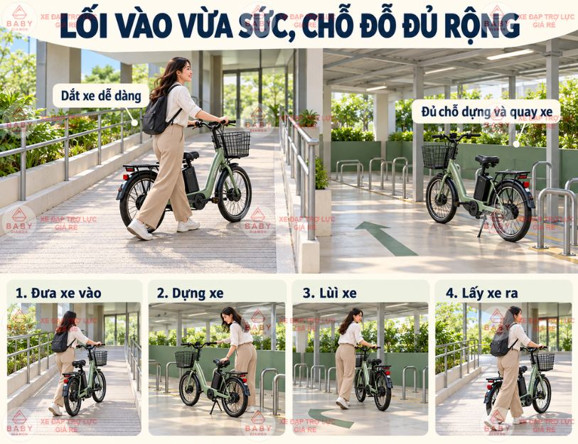 Đường ra vào vừa sức và chỗ đỗ đủ rộng giúp dắt, dựng và lấy xe thuận tiện