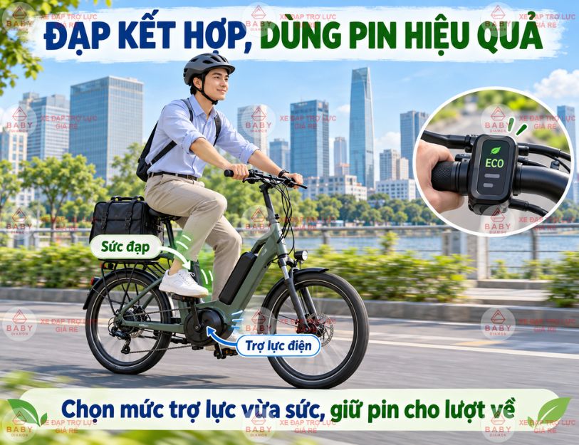 Đạp kết hợp và chọn mức trợ lực phù hợp giúp sử dụng pin hiệu quả