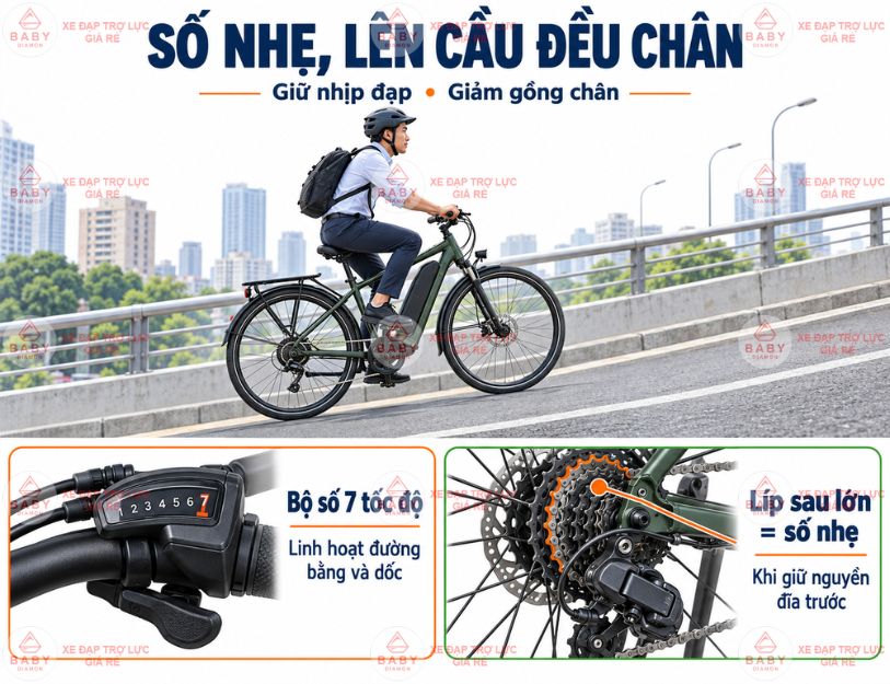 Bộ số 7 tốc độ và số nhẹ giúp duy trì nhịp đạp khi lên cầu