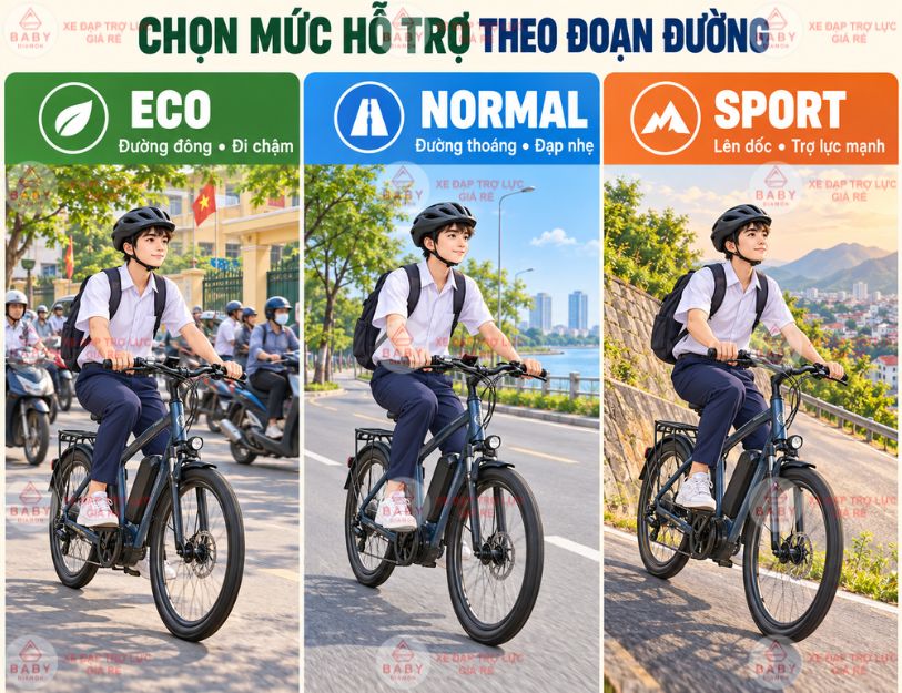 Học sinh đi xe trợ lực qua đường đông nên chọn mức hỗ trợ nào