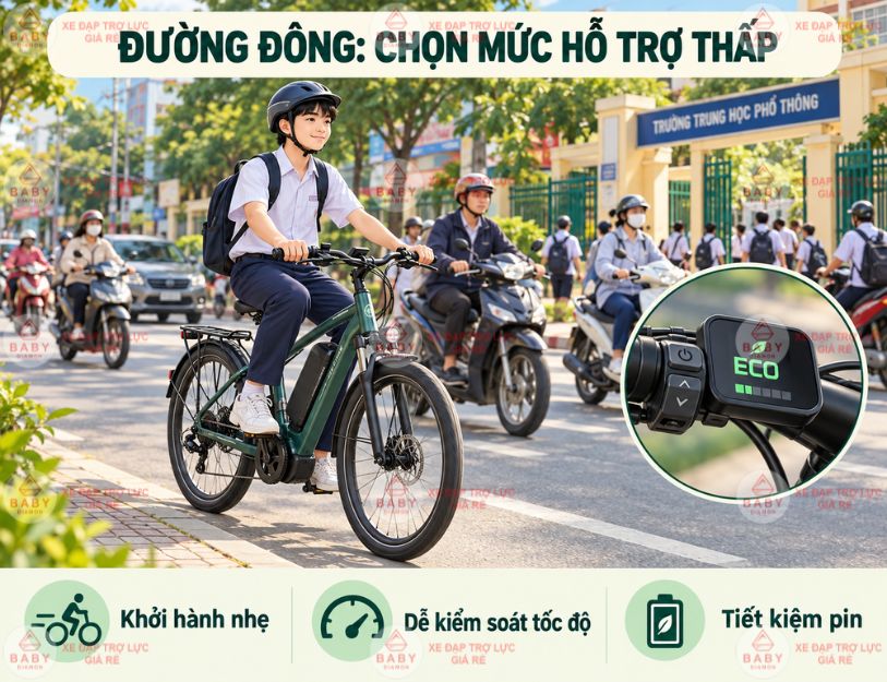 Học sinh đi xe trợ lực qua đường đông nên chọn mức hỗ trợ nào