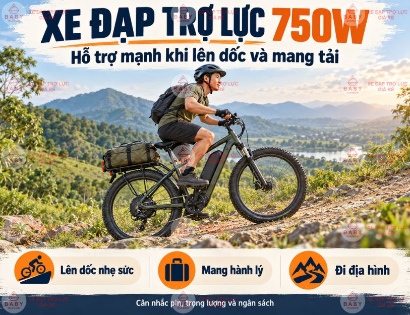 Xe đạp trợ lực 750W phù hợp cần lực hỗ trợ mạnh