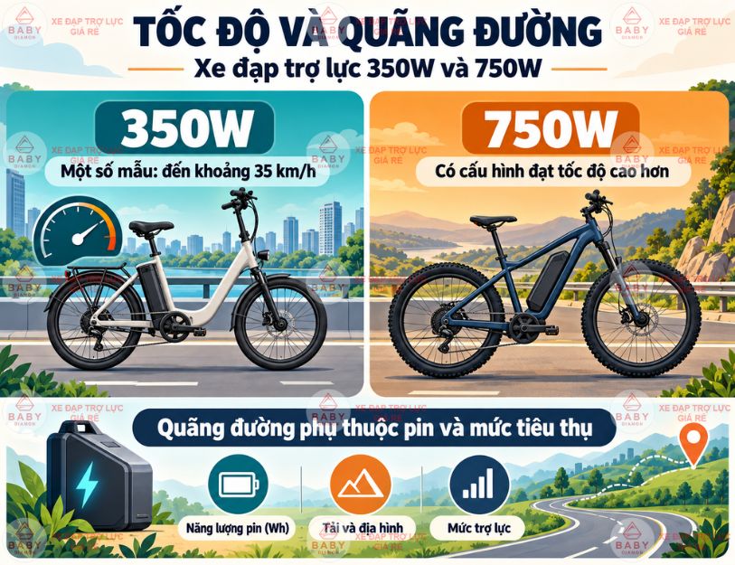 Tốc độ và quãng đường của xe 350W, 750W ra sao?