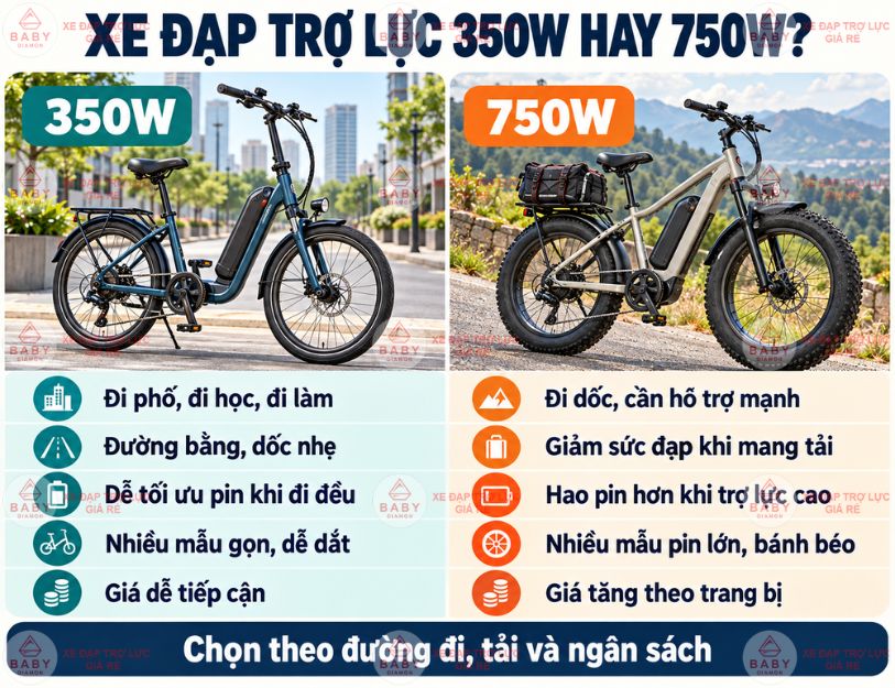 Xe đạp trợ lực 350W hay 750W