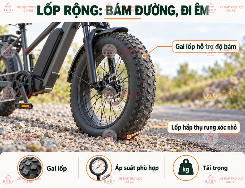 Lốp bản rộng giúp xe bám đường, đi êm và vượt mặt đường gồ ghề
