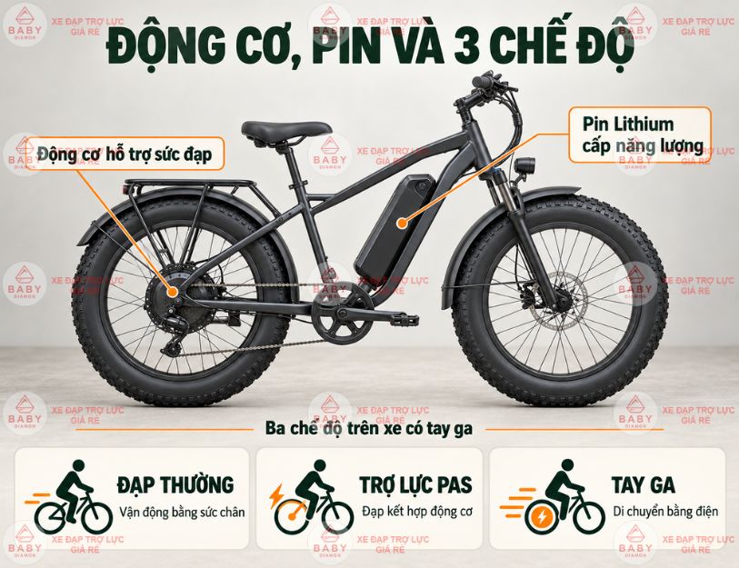 Động cơ, pin Lithium và ba chế độ vận hành giúp sử dụng xe linh hoạt