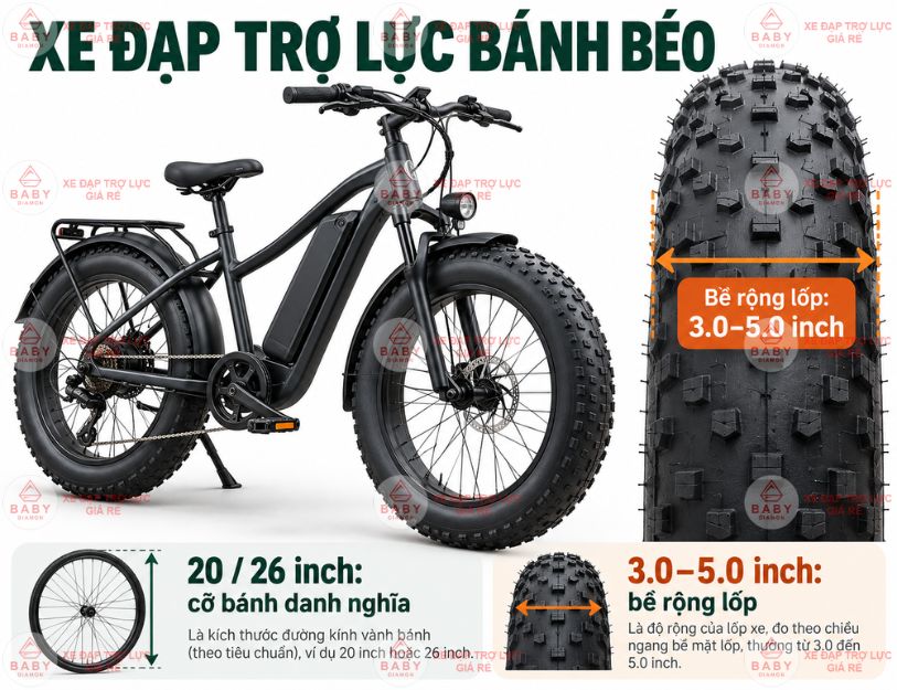 Xe đạp trợ lực điện bánh béo dùng lốp bản rộng 3.0–5.0 inch