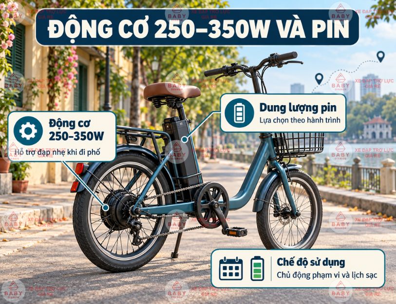 Động cơ 250–350W và pin phù hợp giúp xe mini đáp ứng hành trình hằng ngày