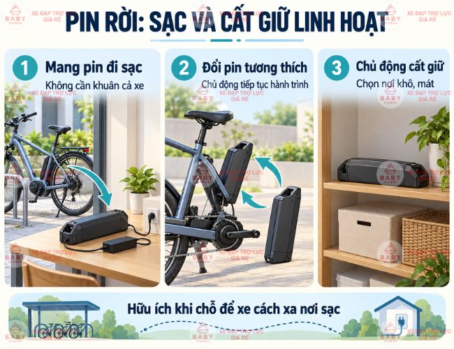 Xe đạp trợ lực pin rời hay pin liền