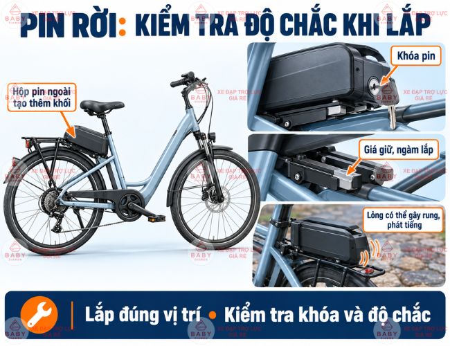 Pin rời có thêm hộp pin và cần giữ chắc để hạn chế rung lắc