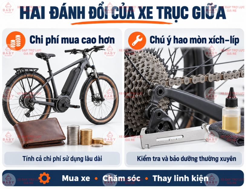 Giá cao và hao mòn xích–líp là hai đánh đổi chính của xe trục giữa