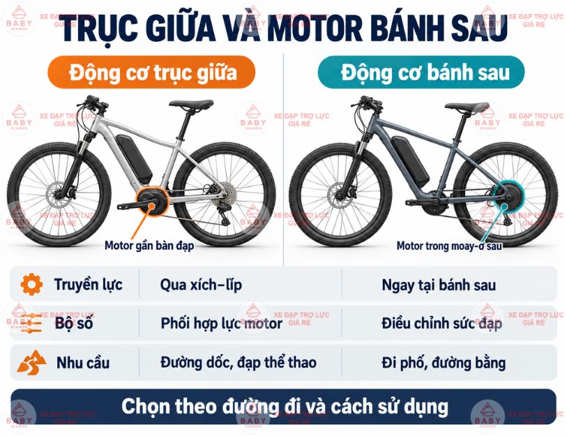 Xe trục giữa và motor bánh sau khác nhau ở cách truyền lực và nhu cầu sử dụng