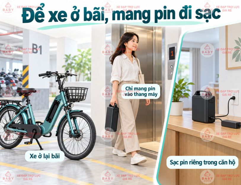Pin rời giúp để xe ở bãi và mang pin lên nhà sạc