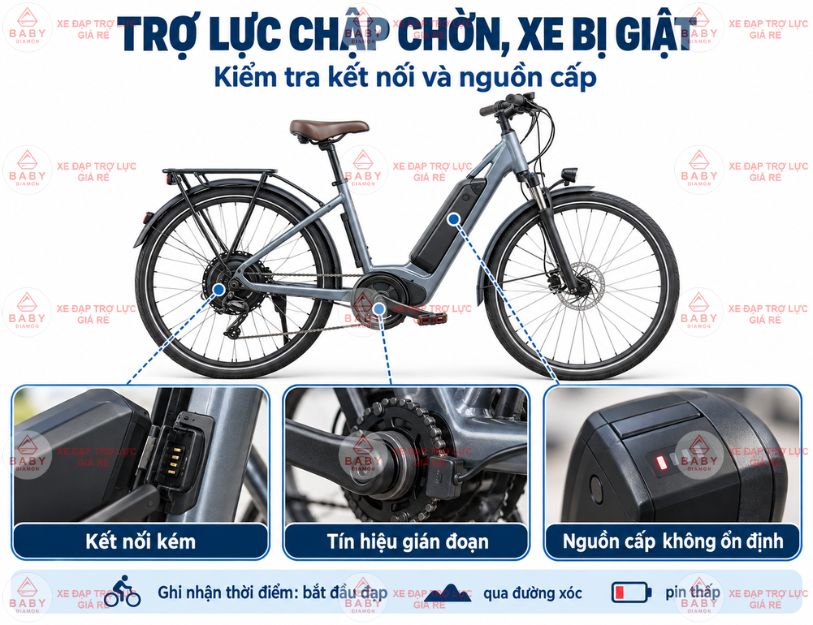 Trợ lực chập chờn hoặc xe bị giật cần kiểm tra kết nối và nguồn cấp