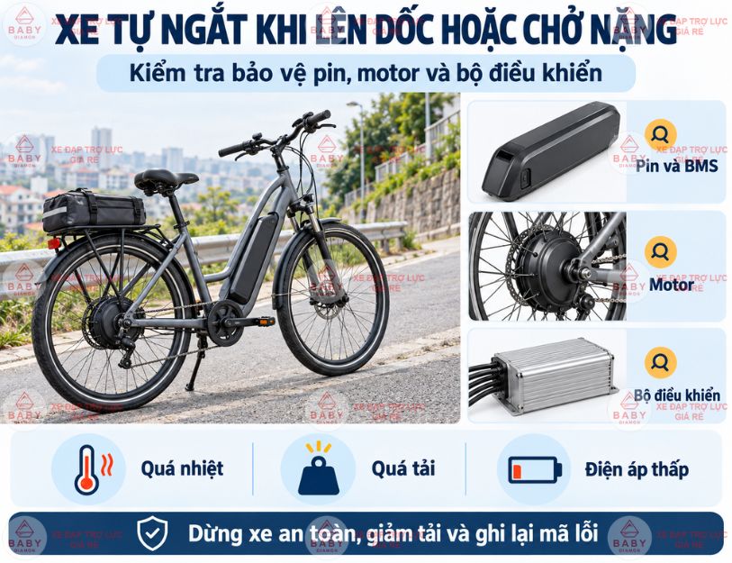 Xe tự ngắt khi lên dốc hoặc chở nặng cần kiểm tra bảo vệ hệ thống