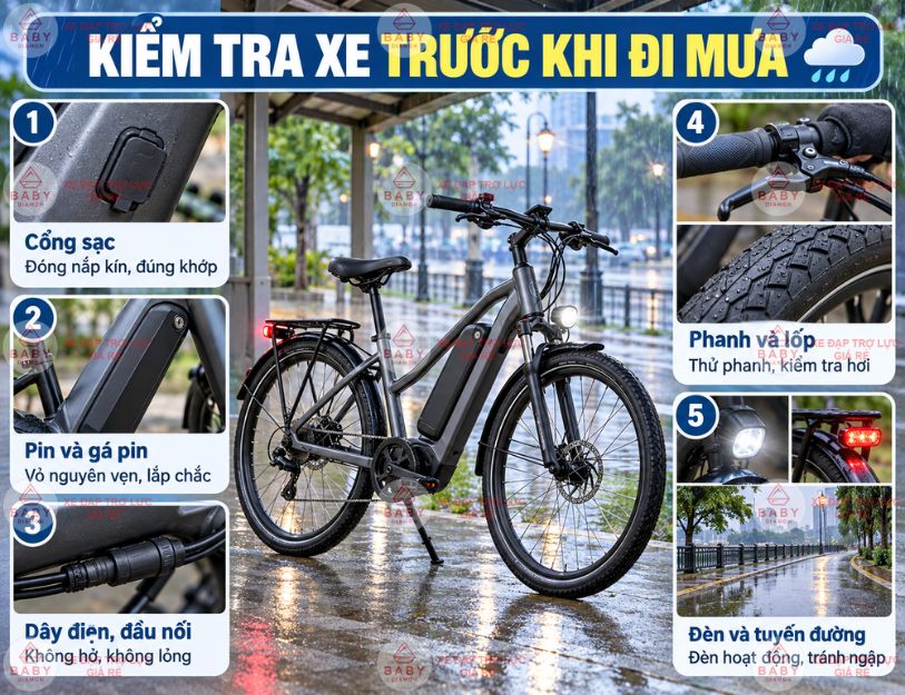 Xe đạp trợ lực đi mưa có sao không?